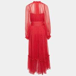 Pre Owned Zimmermann Red Polka Dotted Silk Chiffon Full Sleeve Midi Dress M