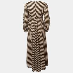 Pre Owned Zimmermann Brown/Black Striped Cotton Plunge Neck Maxi Dress M