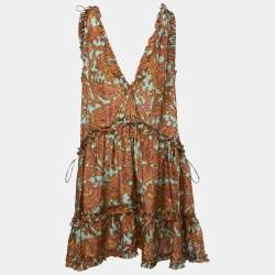 Pre Owned Zimmermann Brown All-Over Print Silk Sleeveless Ruffled Mini Dress L
