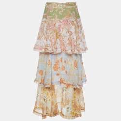 Pre Owned Zimmermann Multicolor Floral Printed Cotton & Silk Ruffled Postcard Belted Midi Skirt S