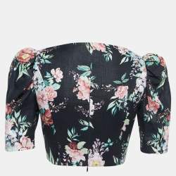 Pre Owned Zimmermann Black Floral Printed Linen Lace-Up Crop Top S