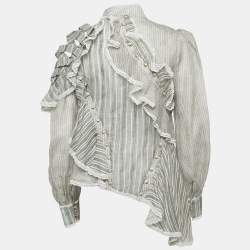 Pre Owned Zimmermann White Striped Silk Blend Ruffled Long Sleeve Blouse M