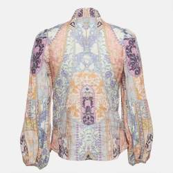 Zimmermann Multicolor Print Ramie Embellished Buttons Long Sleeve Blouse S