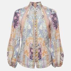 Zimmermann Multicolor Print Ramie Embellished Buttons Long Sleeve Blouse S