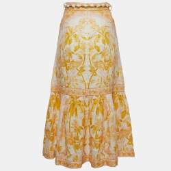 Zimmermann Yellow Floral Print Linen Belted Midi Skirt S