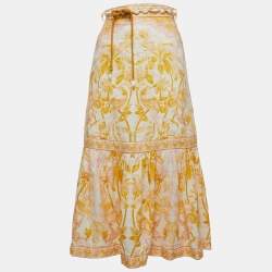 Zimmermann Yellow Floral Print Linen Belted Midi Skirt S