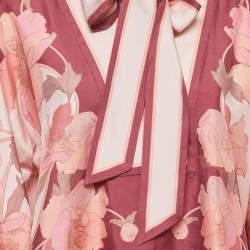 Pre Owned Zimmermann Pink/Burgundy Floral Printed Silk Tie-Neck Blouse M