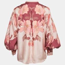 Pre Owned Zimmermann Pink/Burgundy Floral Printed Silk Tie-Neck Blouse M