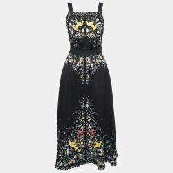 Zimmermann Black Floral Embroidered Linen Open-Back Midi Dress S 