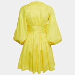 Pre Owned Zimmermann Yellow Linen Tie Detail Pleated Mini Dress M