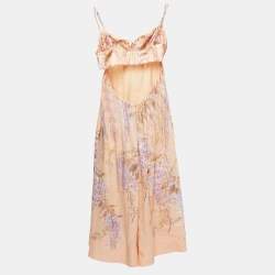 Pre Owned Zimmermann Light Orange Floral Print Linen Bralette Midi Dress L
