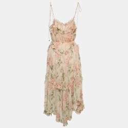 Pre Owned Zimmermann Peach Beige Floral Printed Chiffon Midi Dress S