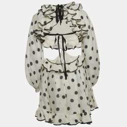Pre Owned Zimmermann White/Black Polka-Dot Printed Linen Blend Frilled Mini Dress S