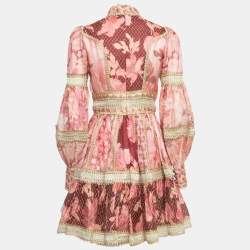 Pre Owned Zimmermann Pink/Red Printed Linen & Silk Mini Dress M