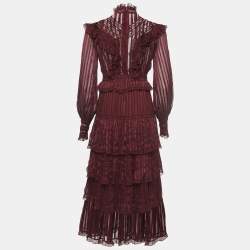 Pre Owned Zimmermann Burgundy Lace Ruffled Silk Espionage Panel Dress S