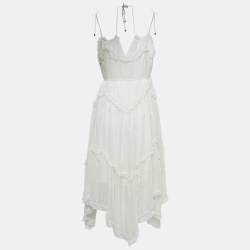 Pre Owned Zimmermann White Eyelet Silk Tie-Up Strap Asymmetric Dress M