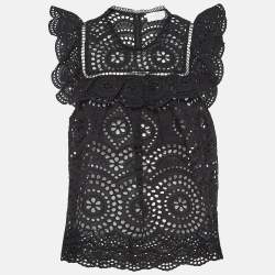 Pre Owned Zimmermann Black Floral Pattern Lace Ruffled Blouse S