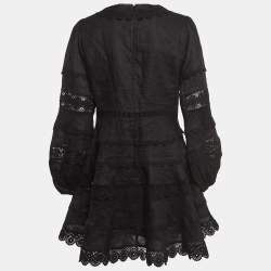 Pre Owned Zimmermann X Barneys Black Lace Trim Linen Tiered Mini Dress L