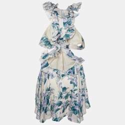 Zimmermann Oatmeal Hydrangea Floral Print Linen Cassia Ruffle Mini Dress M
