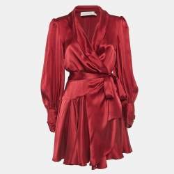 Pre Owned Zimmermann Red Silk Satin Blouson Sleeve Mini Wrap Dress M