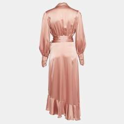 Pre Owned Zimmermann Pink Silk Satin Blouson Sleeve Asymmetric Midi Wrap Dress M
