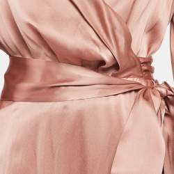 Pre Owned Zimmermann Pink Silk Satin Blouson Sleeve Asymmetric Midi Wrap Dress M