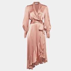 Pre Owned Zimmermann Pink Silk Satin Blouson Sleeve Asymmetric Midi Wrap Dress M