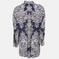 Pre Owned Zimmermann Navy Blue Floral Print Silk Shirt M