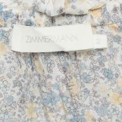 Pre Owned Zimmermann White Floral Printed Ramie Ruffled Neck Top L