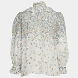 Pre Owned Zimmermann White Floral Printed Ramie Ruffled Neck Top L