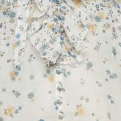 Pre Owned Zimmermann White Floral Printed Ramie Ruffled Neck Top L