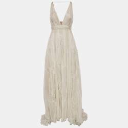Zuhair Murad Off White Lace Trim Silk Pleated Gown and Feather Cape XS