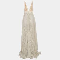 Zuhair Murad Off White Lace Trim Silk Pleated Gown and Feather Cape XS