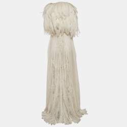 Zuhair Murad Off White Lace Trim Silk Pleated Gown and Feather Cape XS