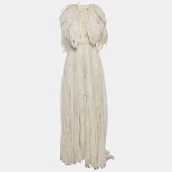 Zuhair Murad Off White Lace Trim Silk Pleated Gown and Feather Cape XS