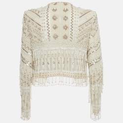 Pre Owned Zuhair Murad Cream Embellished Silk Blend Open Front Jacket M