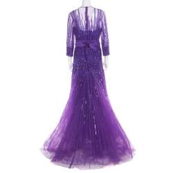 Zuhair Murad Purple Sequin Embellished Mesh Tulle Bottom Long Sleeve Gown L