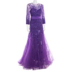 Zuhair Murad Purple Sequin Embellished Mesh Tulle Bottom Long Sleeve Gown L