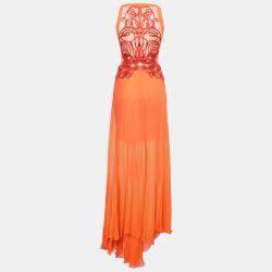 Pre Owned Zuhair Murad Orange Silk Chiffon Embellished Bodice Gown S
