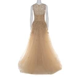 Pre Owned Zuhair Murad Toffee Cream Layered Tulle Embellished Sheer Yoke Evening Gown S