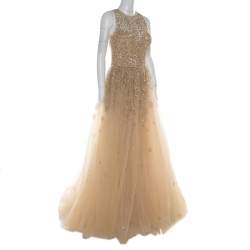 Pre Owned Zuhair Murad Toffee Cream Layered Tulle Embellished Sheer Yoke Evening Gown S