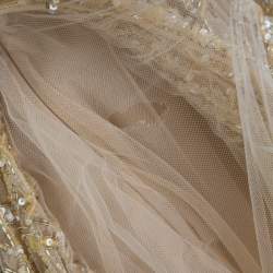 Pre Owned Zuhair Murad Toffee Cream Layered Tulle Embellished Sheer Yoke Evening Gown S