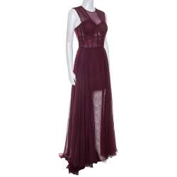 Zuhair Murad Burgundy Silk Blend Lace Bodice Evening Gown M