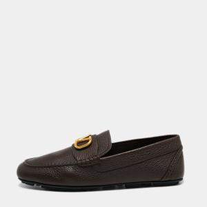 Valentino Dark Brown Leather VLogo Signature Loafers Size 44