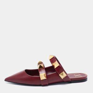 Pre Owned Valentino Burgundy Leather Roman Stud Flat Mules Size 37