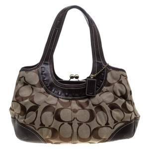 Coach Beige/Brown Signature Canvas and Leather Kiss Lock Shoulder Bag 