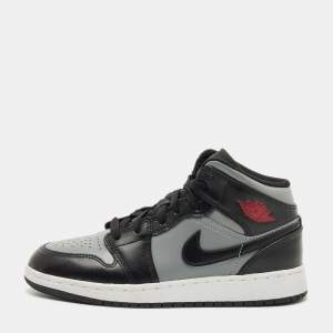 Pre Owned Air Jordans Black/Grey Leather Jordan 1 Mid Shadow Red Sneakers Size 37.5