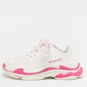 Pre Owned Balenciaga White/Pink Leather and Mesh Triple S Platform Sneakers Size 33
