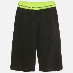 Pre Owned Balmain Kids Black/Neon Green Logo Waistband Cotton Shorts 16Yrs