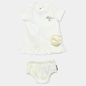 Balmain Kids Ivory Floral Applique Cotton Dress Set 6 M